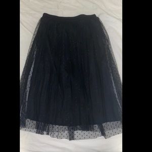 Black Mesh Elastic Waist Polka Dot Knee Length Skirt